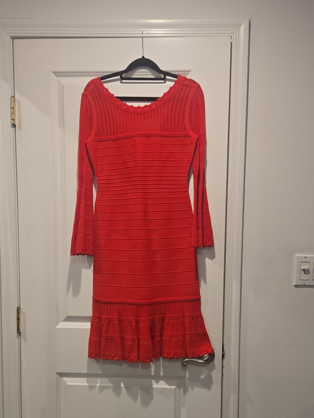 Herve Leger Red Ribbed Knit Long-Sleeve Dress